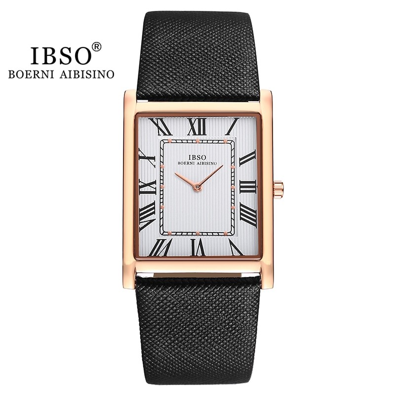 IBSO Ultra-Thin Rectangle Dial Men's Quartz Watch Luxury Business Style Genuine Leather Strap Waterproof New Men WristWatches