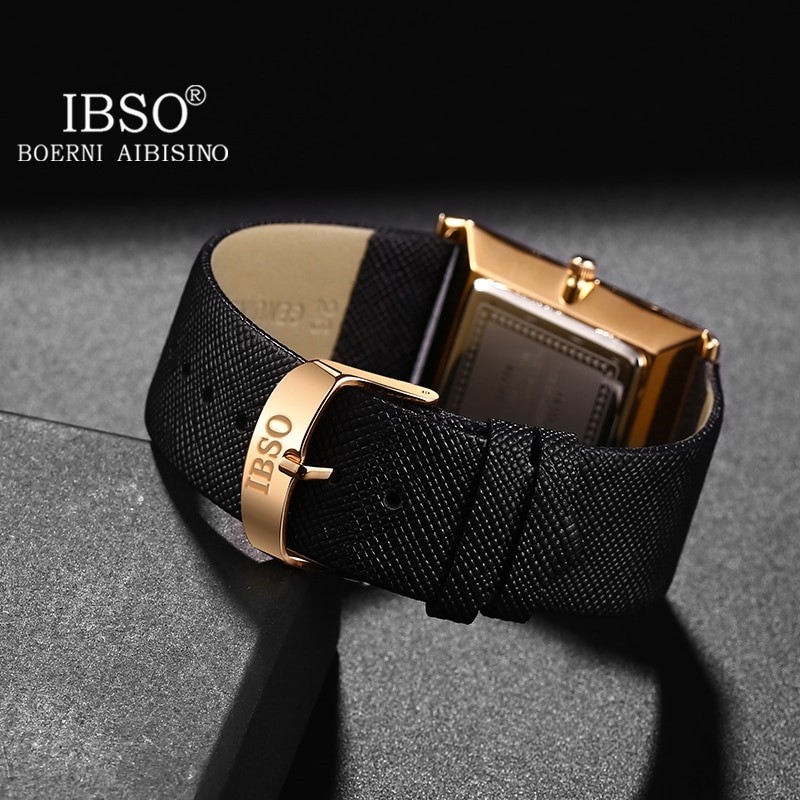 IBSO Ultra-Thin Rectangle Dial Men's Quartz Watch Luxury Business Style Genuine Leather Strap Waterproof New Men WristWatches