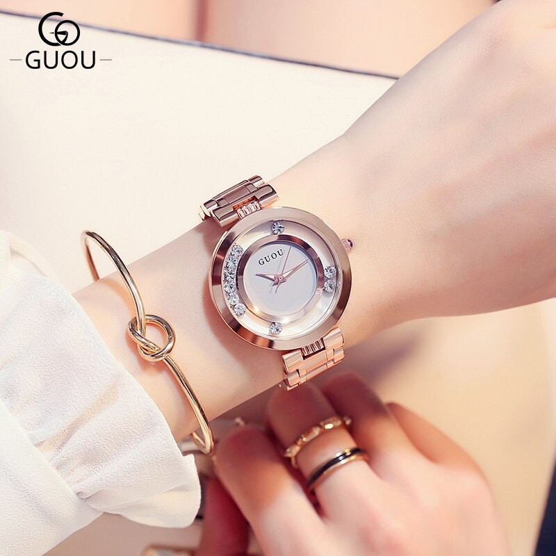 GUOU Modern Fashion Women Crystal Quartz Watches Ladies's Wristwatch Stainless Steel Reloj Mujer Relojes Montre Femme Horloge