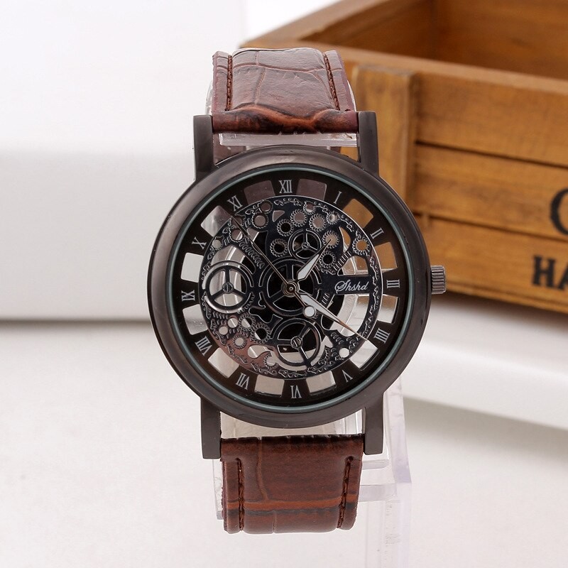 Men Personality Quartz  Skeleton Round Dial Leather Strap Quartz Wrist Watch