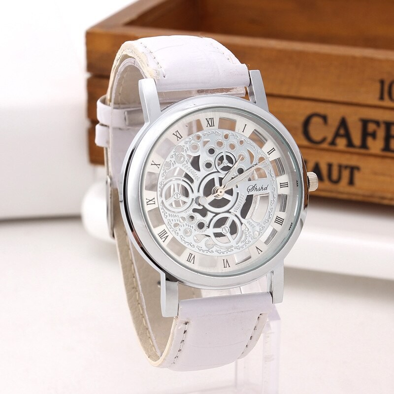 Men Personality Quartz  Skeleton Round Dial Leather Strap Quartz Wrist Watch