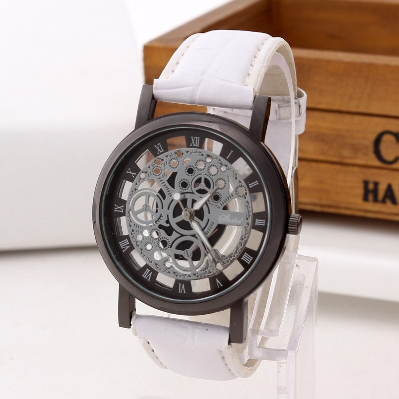 Men Personality Quartz  Skeleton Round Dial Leather Strap Quartz Wrist Watch
