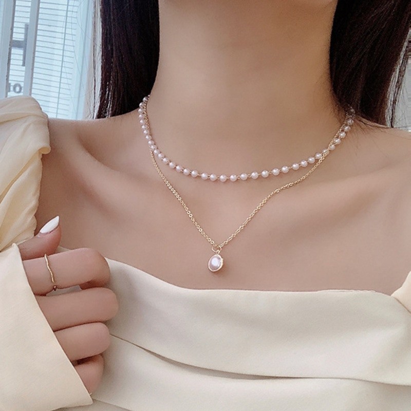 Retro Ins Simple Temperament Double-Layer Clavicle Chain Female Pendant Pearl Necklace Girl Gift