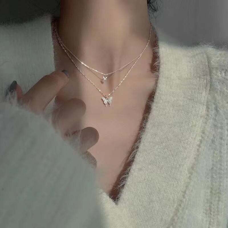 Silver Color Shiny Butterfly Necklace Female Exquisite Double Layer Pendant Clavicle Chain Necklace Wedding Party Jewelry Gifts