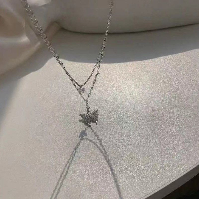 Silver Color Shiny Butterfly Necklace Female Exquisite Double Layer Pendant Clavicle Chain Necklace Wedding Party Jewelry Gifts