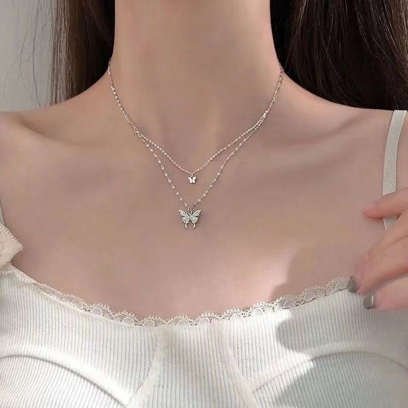 Silver Color Shiny Butterfly Necklace Female Exquisite Double Layer Pendant Clavicle Chain Necklace Wedding Party Jewelry Gifts