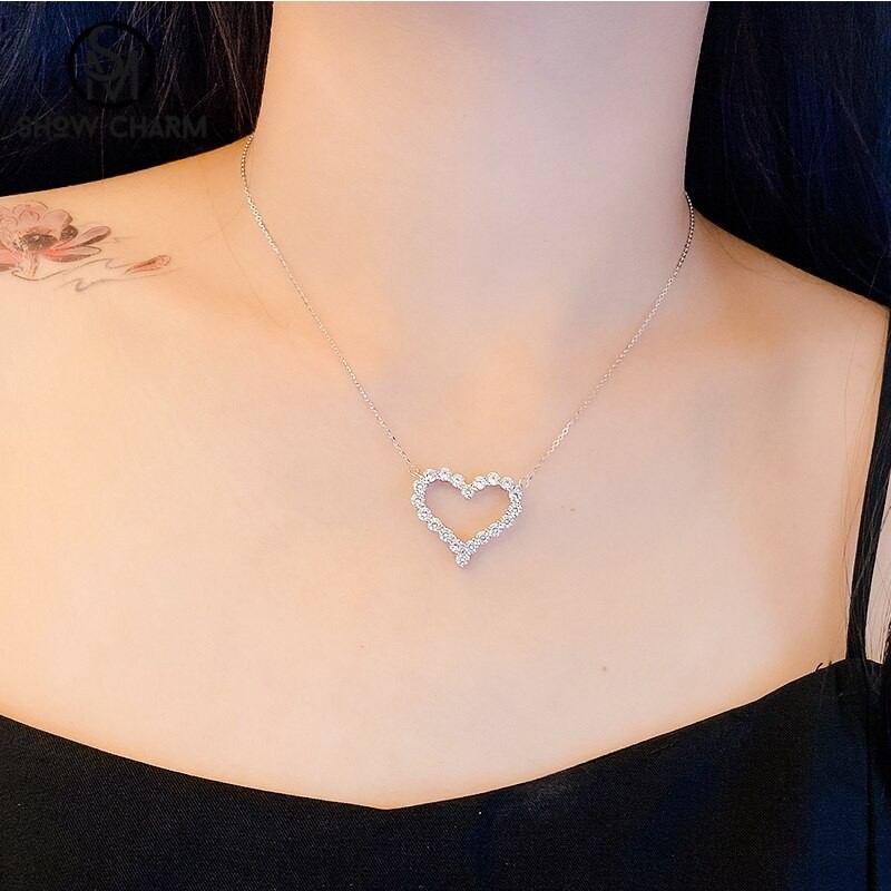 Cubic Zirconia S925 Sterling Silver Love Necklace Female Heart-Shaped Clavicle Chain Fashion Simple Gift Valentine's Day