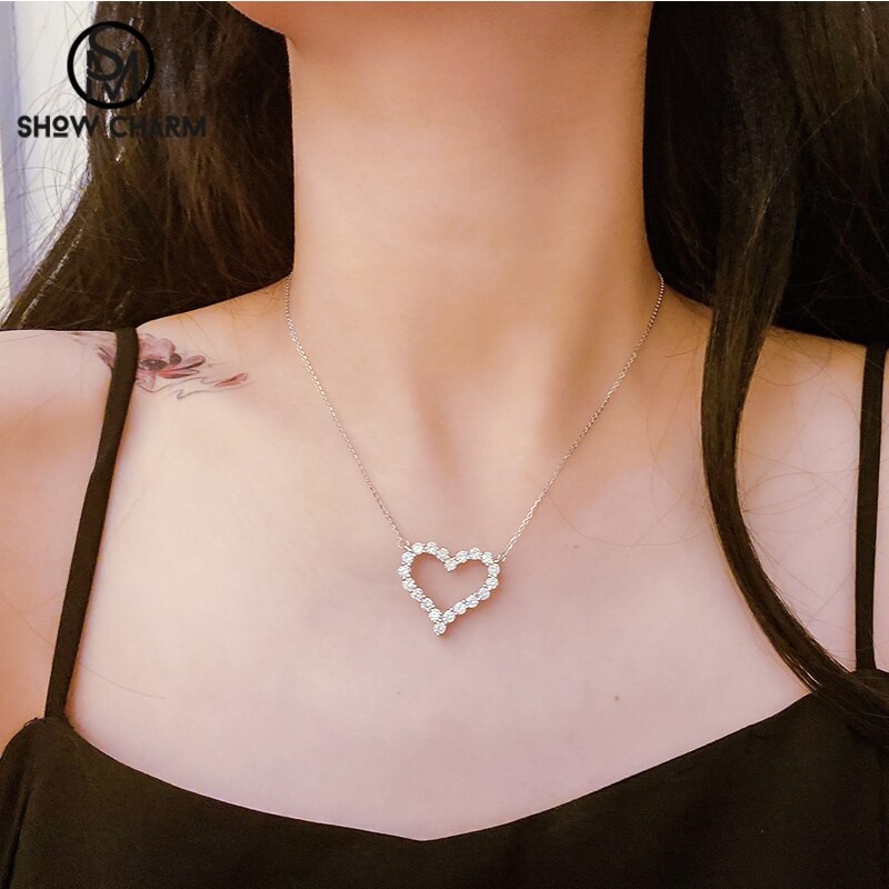 Cubic Zirconia S925 Sterling Silver Love Necklace Female Heart-Shaped Clavicle Chain Fashion Simple Gift Valentine's Day