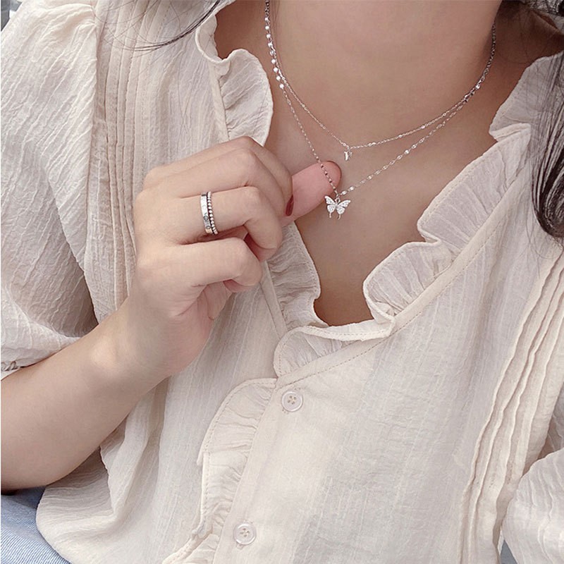 Daily Jewelry Make You Fashionable Simple Diamond Inlaid Butterfly Pendant Double Layer Necklace Neckchain