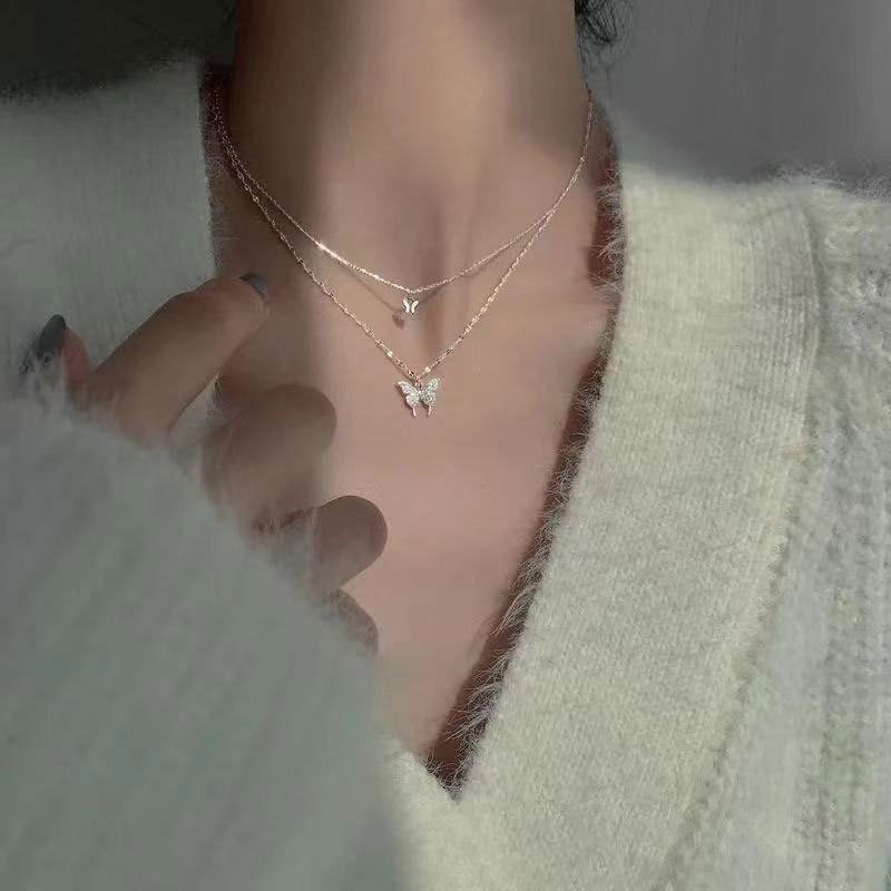 Daily Jewelry Make You Fashionable Simple Diamond Inlaid Butterfly Pendant Double Layer Necklace Neckchain
