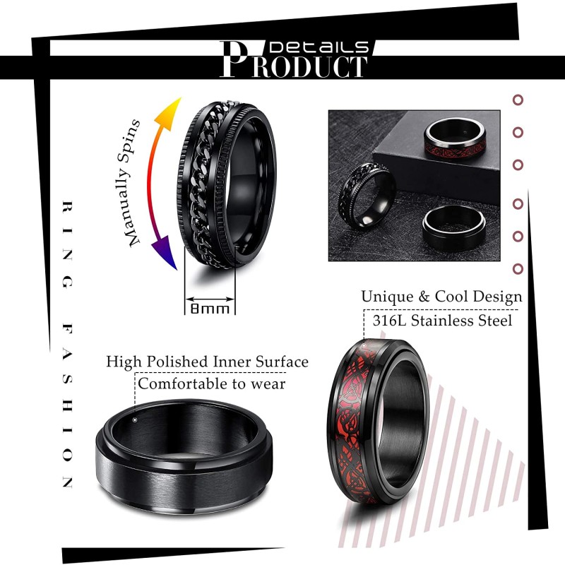 Fashion black Stainless steel wedding ring Black Steel chain Men Women Celtic Dragon inlaid red carbon fiber wedding ring