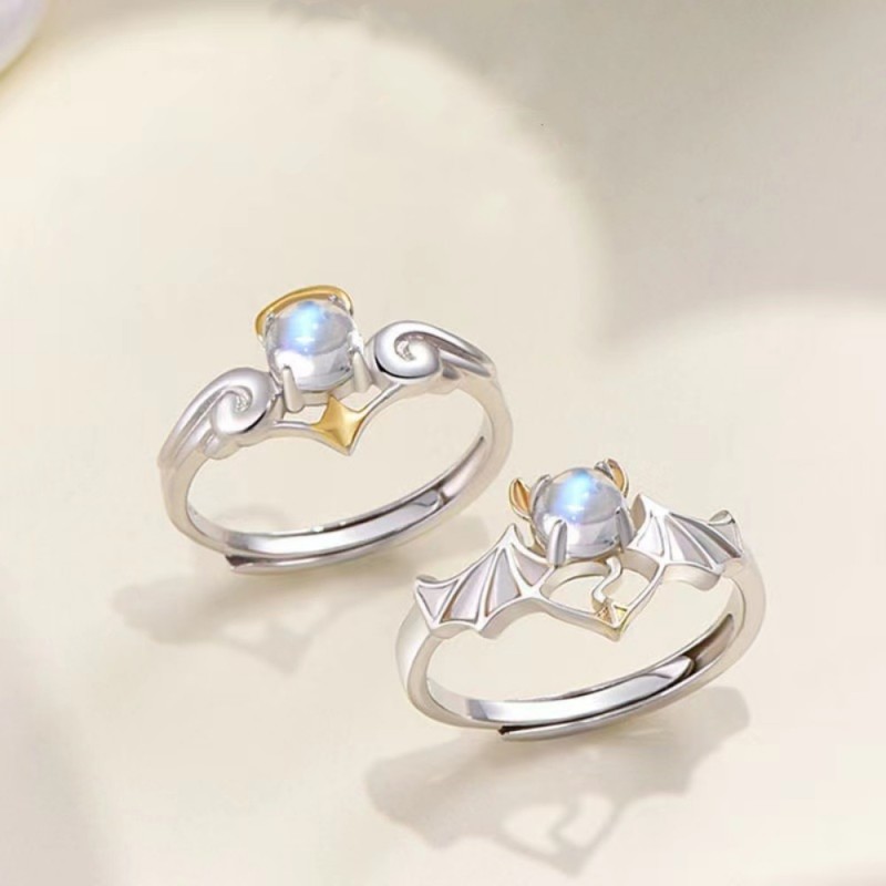Fashion Angel and Devil Wings Couple Ring for Women Gothic Exquisite Moonstone Adjustable Open Finger Men's Ring Party Jewelry