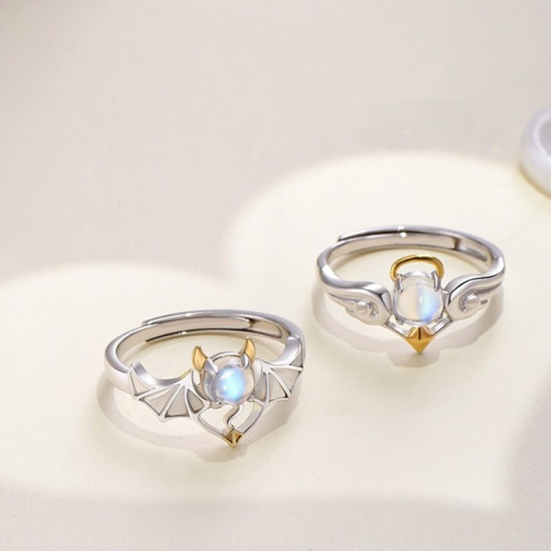 Fashion Angel and Devil Wings Couple Ring for Women Gothic Exquisite Moonstone Adjustable Open Finger Men's Ring Party Jewelry