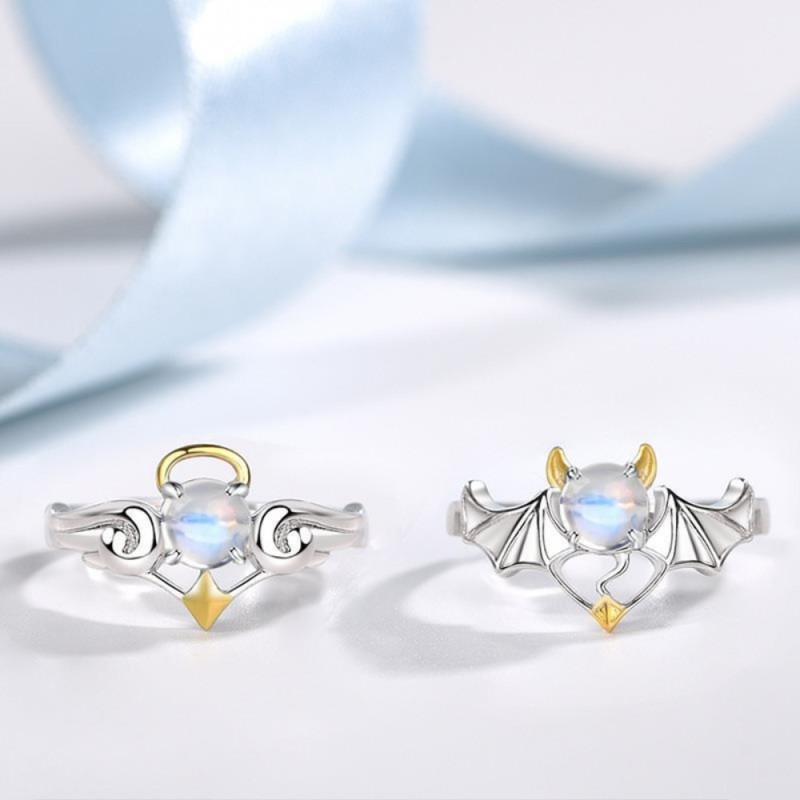 Fashion Angel and Devil Wings Couple Ring for Women Gothic Exquisite Moonstone Adjustable Open Finger Men's Ring Party Jewelry