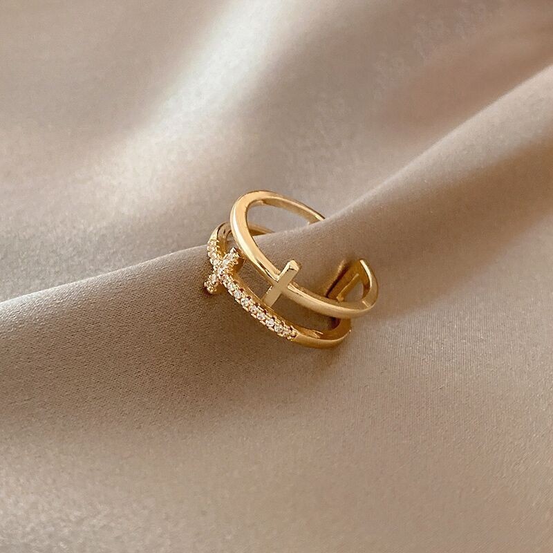925 Sterling Silver Gold Double Cross Zircon Rings For Women Luxury Quality Vintage Jewelry Gift Female Free Shipping