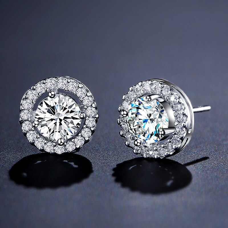Fashion Round Zirconia Stud Earrings For Women Shinny Crystal White Gold Color Man Party Jewelry