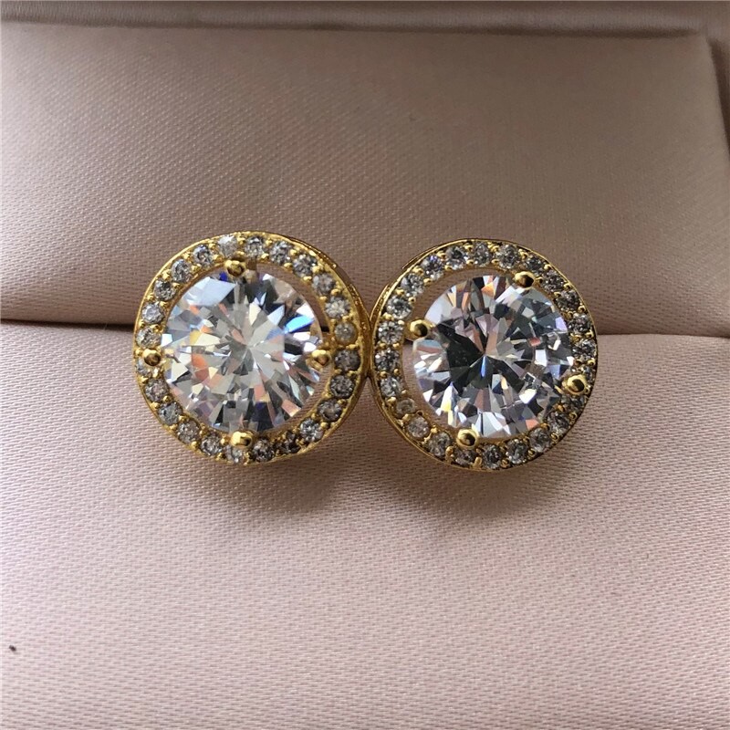 Fashion Round Zirconia Stud Earrings For Women Shinny Crystal White Gold Color Man Party Jewelry