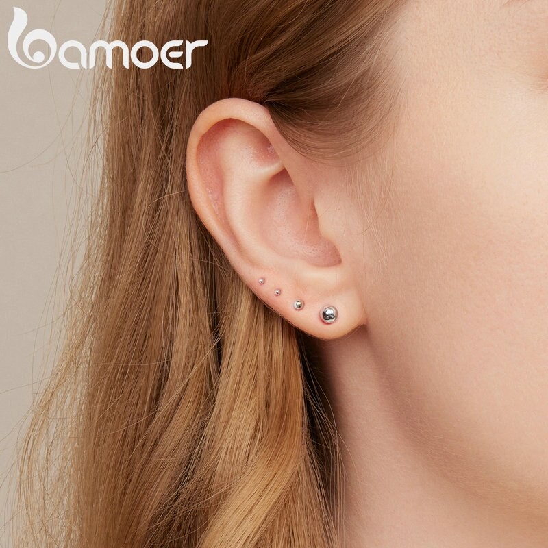 BAMOER 925 Sterling Silver Keep Ear Piercing 999 Silver Ball Stud Earrings For Women (cannot open)