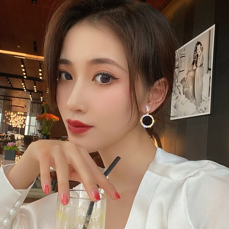 S925 Silver Needle Korean Black Round Rhinestone Earrings 2020 New Personality Temperament Wild Simple Earrings Jewelry Brinco