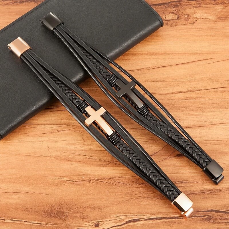 2022 New Luxury Multicolor Cross Design Classic Stainless Steel Men's Leather Bracelet 19CM Choose Handsome Christmas Gifts