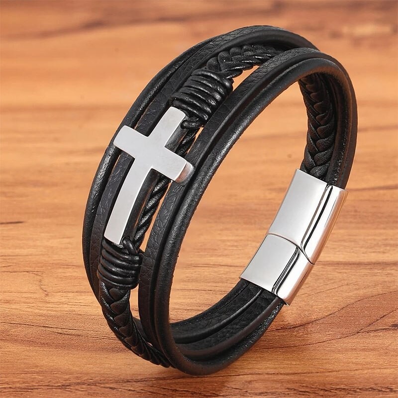 2022 New Luxury Multicolor Cross Design Classic Stainless Steel Men's Leather Bracelet 19CM Choose Handsome Christmas Gifts