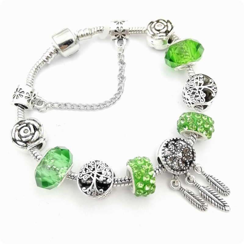 Flower Tree Of Life Feather Tassel Crystal Green String Beaded Bracelet