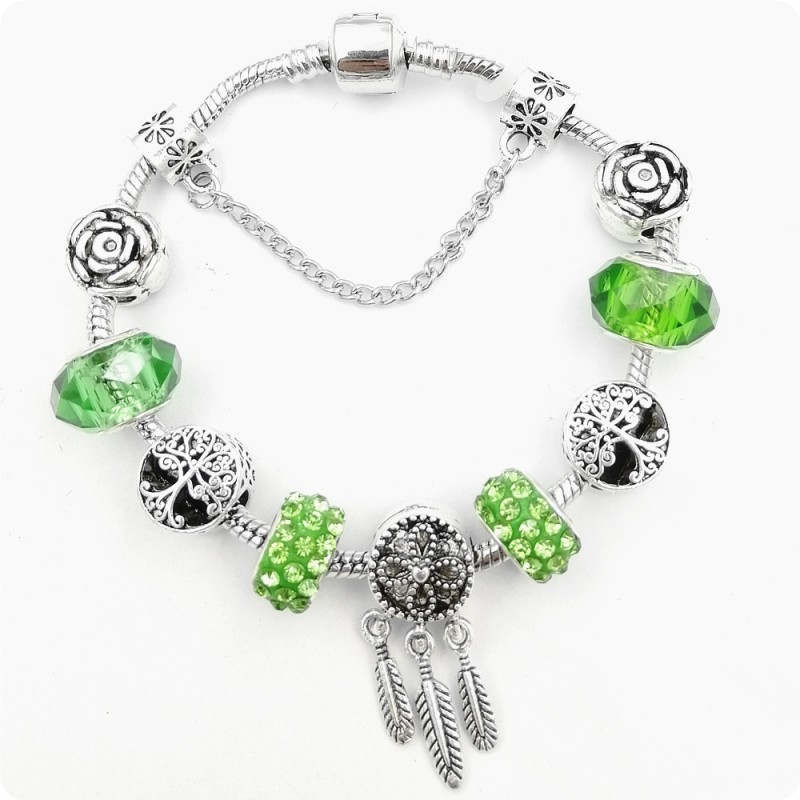 Flower Tree Of Life Feather Tassel Crystal Green String Beaded Bracelet