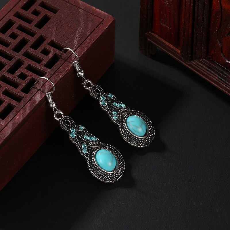 Daily Jewelry Make You Fashionable Vintage Blue Crystal Inlaid Turquoise Pendant Earrings