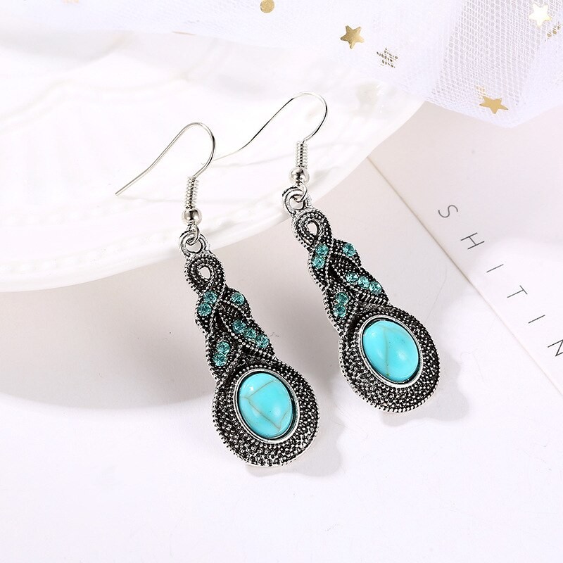 Daily Jewelry Make You Fashionable Vintage Blue Crystal Inlaid Turquoise Pendant Earrings