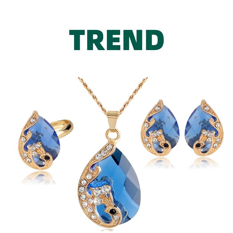 Designer Styles Creative Peacock Water Drop Jewelry 3 Piece Set Highly individual Necklaces Rings Earrings Fashion Suit