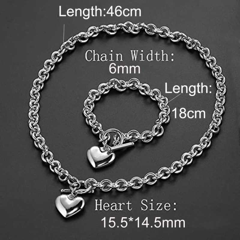 Love Heart Necklace and Bracelet Jewelry Sets for Women Gift Stainless Steel Engagement Wedding Party Chain Set Jewelry Fashion