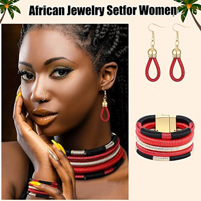 African Multi-layer Woven Choker Necklace for Women Earrings Bracelet Jewelry Set Chunky Costume Wedding Jewelry Accessories