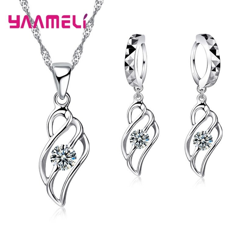 Cheap Sale 925 Sterling SilverCrystal Flower Square Pendant Necklace Earrings Jewelry Set For Women Girls Wedding Engagement