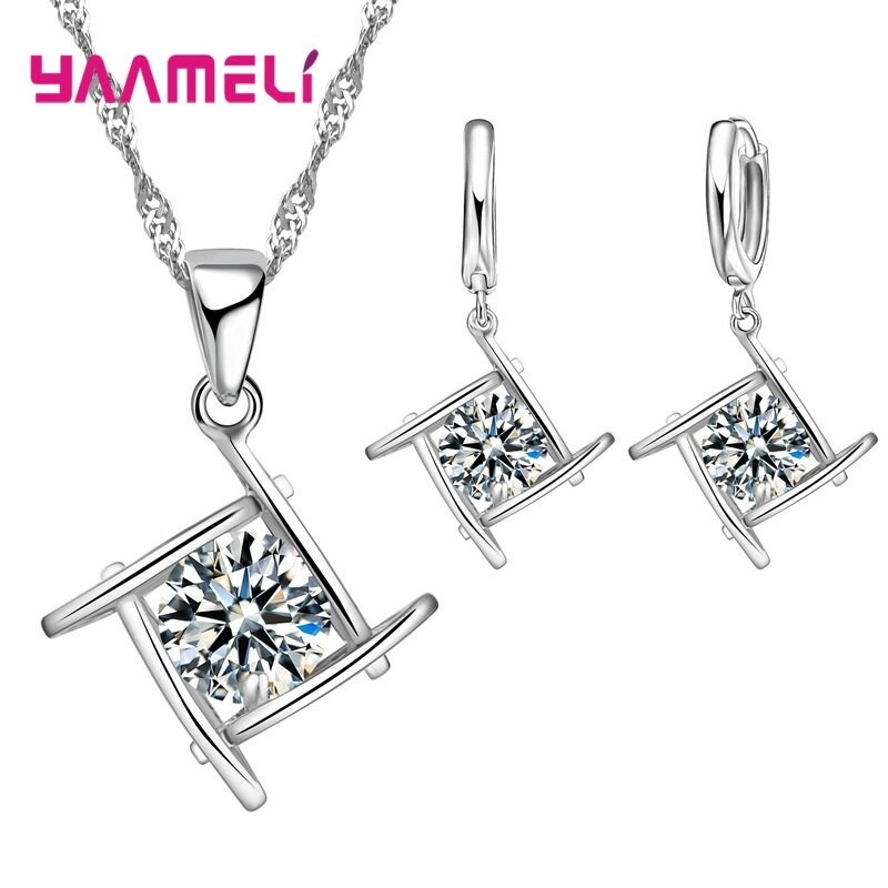 Cheap Sale 925 Sterling SilverCrystal Flower Square Pendant Necklace Earrings Jewelry Set For Women Girls Wedding Engagement