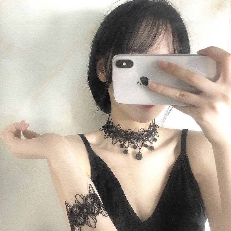 Japanese Gothic Style Black Lace Jewelry Set for Women Floral Tassel Earrings Necklace Bracelet Lolita Set Charm Girl Trend Gift