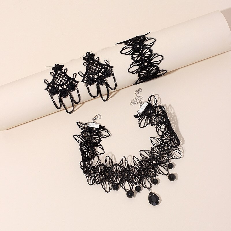 Japanese Gothic Style Black Lace Jewelry Set for Women Floral Tassel Earrings Necklace Bracelet Lolita Set Charm Girl Trend Gift
