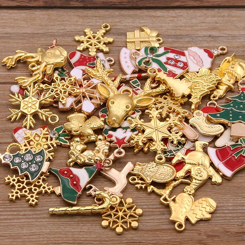 Random 20Pcs 10- 40 Style Alloy Metal Christmas Drop Oil Charms Gold Color Pendant For DIY Bracelet Necklace Jewelry Making