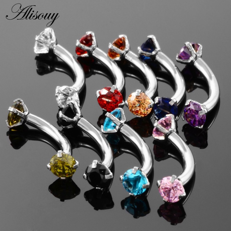Alisouy 1pc 316L Stainless Steel Eyebrow Barbell Piercing Earrings Cubic Zirconia Helix Ring Labret Lip Piercing Eyebrow Jewelry
