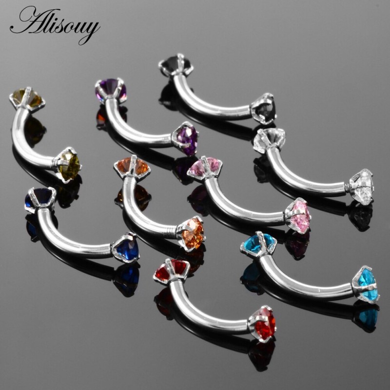 Alisouy 1pc 316L Stainless Steel Eyebrow Barbell Piercing Earrings Cubic Zirconia Helix Ring Labret Lip Piercing Eyebrow Jewelry
