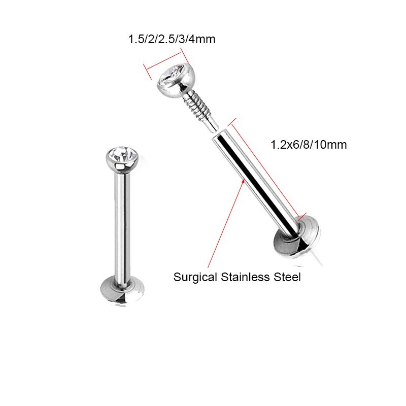 1.2x1.5-4mm AAA Zircon Labret Lip Bar Stud Piercing 16 Gauge Stainless Steel Cartilage Ear Tragus Stud Piercing Earring