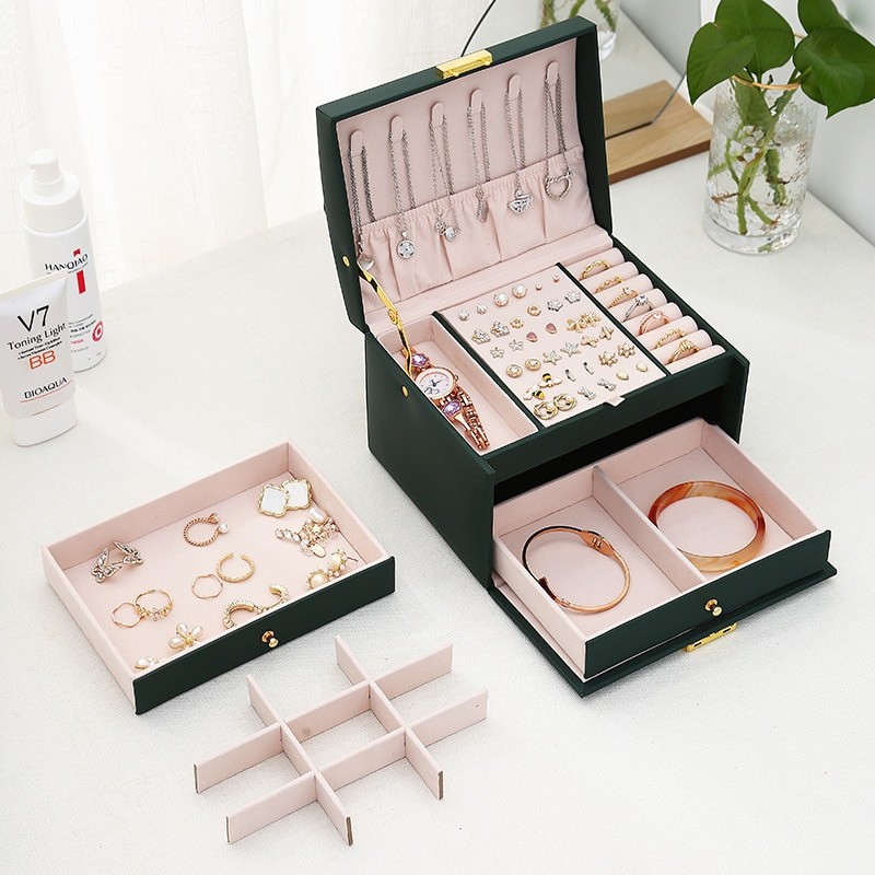 Multi-functional Three-layer Leather Drawer-style Jewelry Box Earrings Earrings Lock Jewelry Box