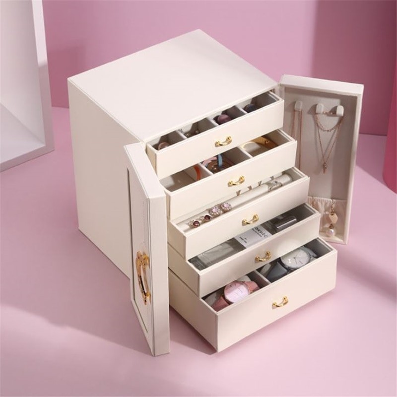 Jewelry Organizer Box Display 5 Layer Large Capacity Double Door PU Leather Drawer Storage Box Cases for Earrings Necklace