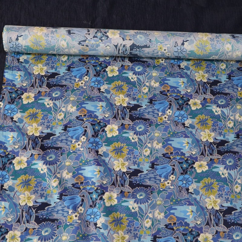 Sunshine Blue Floral Poplin Textile Material Designer For Clothing Dresses Skirt Printed Liberty Fabric 100% Cotton Tissus 80s