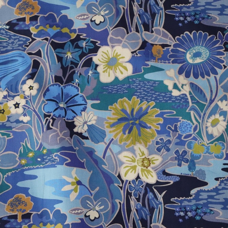 Sunshine Blue Floral Poplin Textile Material Designer For Clothing Dresses Skirt Printed Liberty Fabric 100% Cotton Tissus 80s