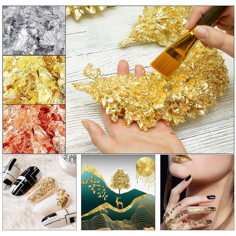 Gold Foil Flakes 3 Gram,Imitation Gold Foil Flakes Metallic Leaf for Nails, Painting, Crafts,Slime and Resin Jewelry Making