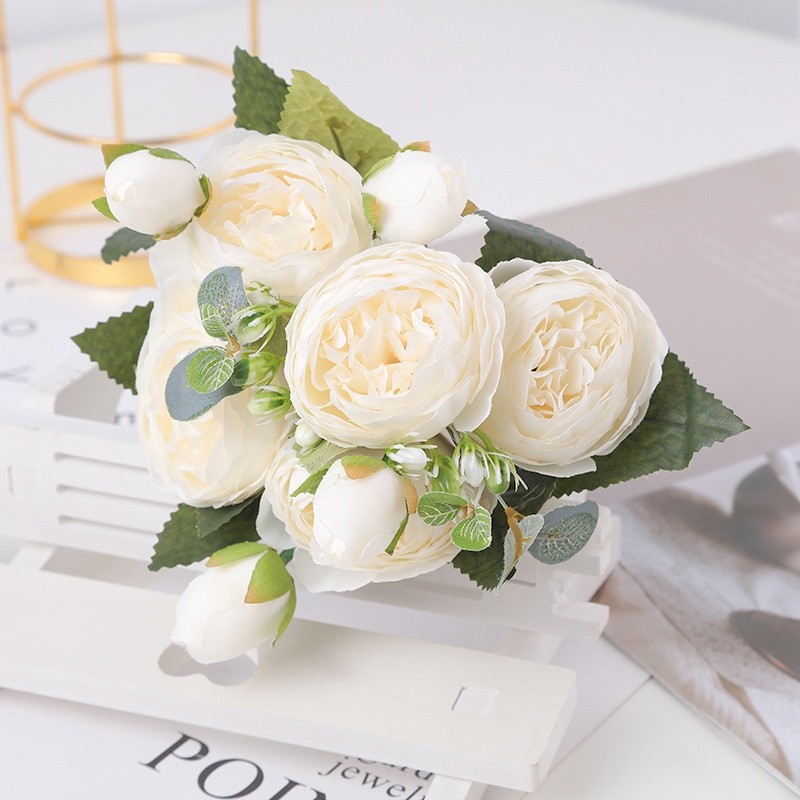 30cm Rose White Peony Artificial Flowers Bouquet 5 Big Head and 4 Bud Cheap Fake Flowers for Home Wedding Decoration Indoor