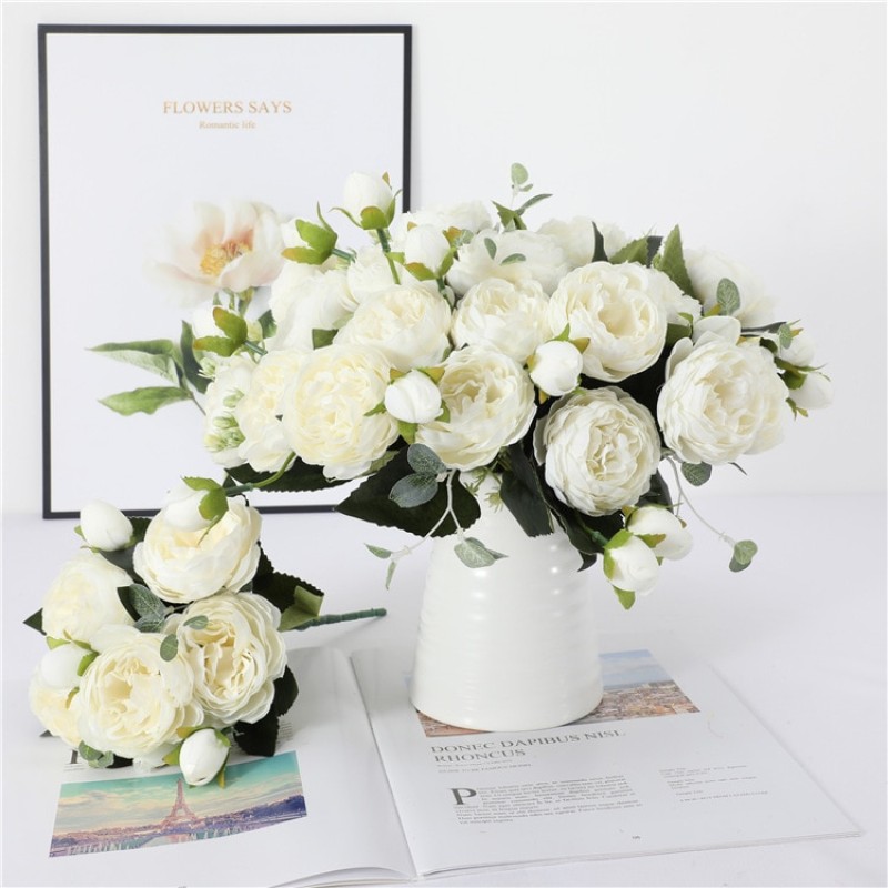 30cm Rose White Peony Artificial Flowers Bouquet 5 Big Head and 4 Bud Cheap Fake Flowers for Home Wedding Decoration Indoor