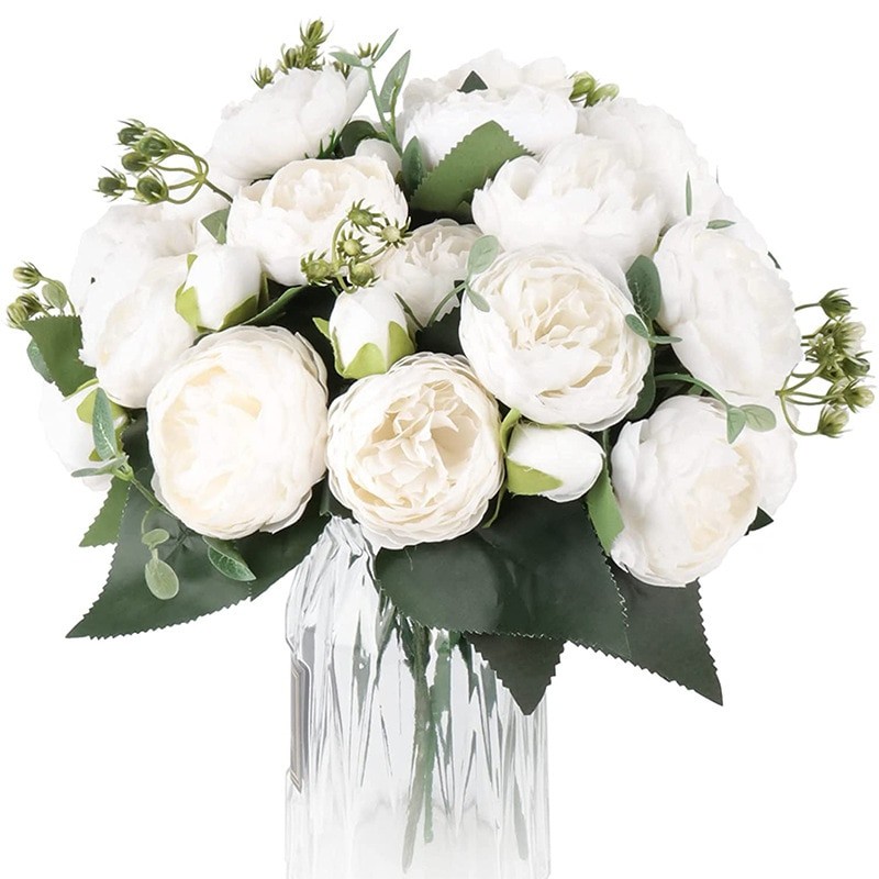30cm Rose White Peony Artificial Flowers Bouquet 5 Big Head and 4 Bud Cheap Fake Flowers for Home Wedding Decoration Indoor