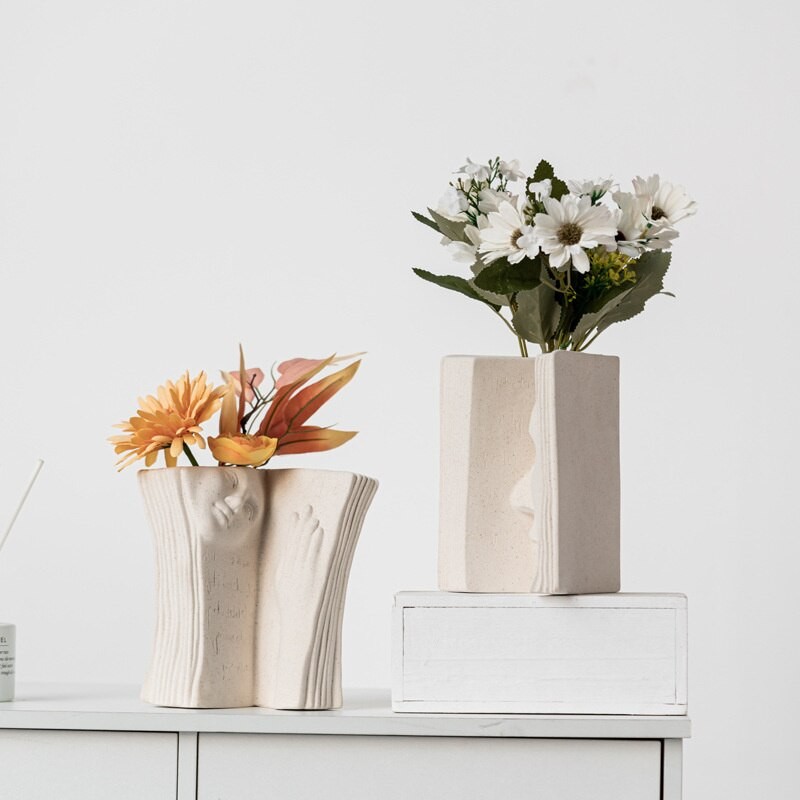 Nordic Style Ceramic Creative Book Vase Pampas Grass Dried Flower Abstract Statue Face Vase Living Room Office Decoration