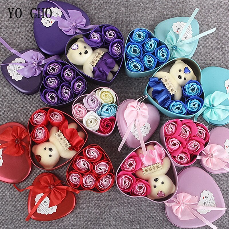 YO CHO Artificial Flower 3/4/6 Pcs Roses Bear Soap Flower Gift Box Valentine's Day Mother's Day Wedding Newyear Gift for Wife